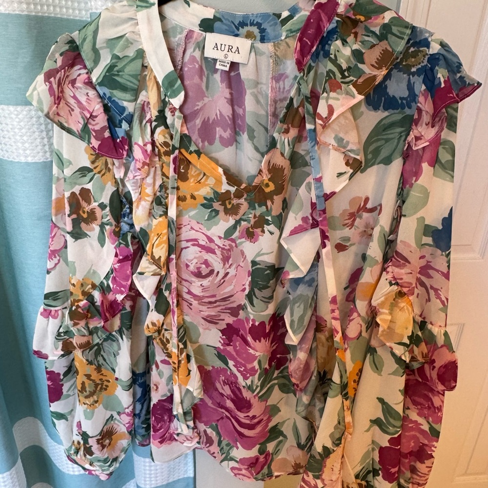 Aura Red Dress Boutique Multicolor Floral Ruffle Blouse